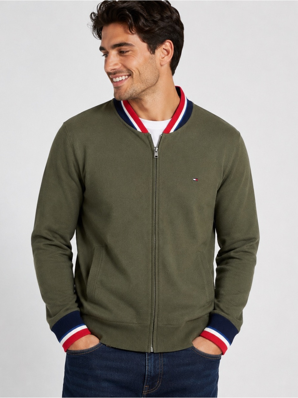 Tommy Hilfiger Mens S Olive Green Full Zip Sweater Jacket Flag Logo Knit